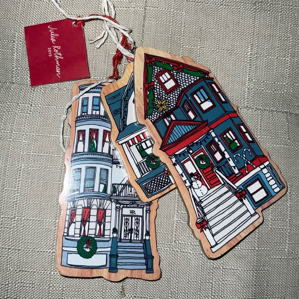 Crate&Barrel Retro Ornaments Julia Rothman 2013 Wood San Francisco Houses NWT